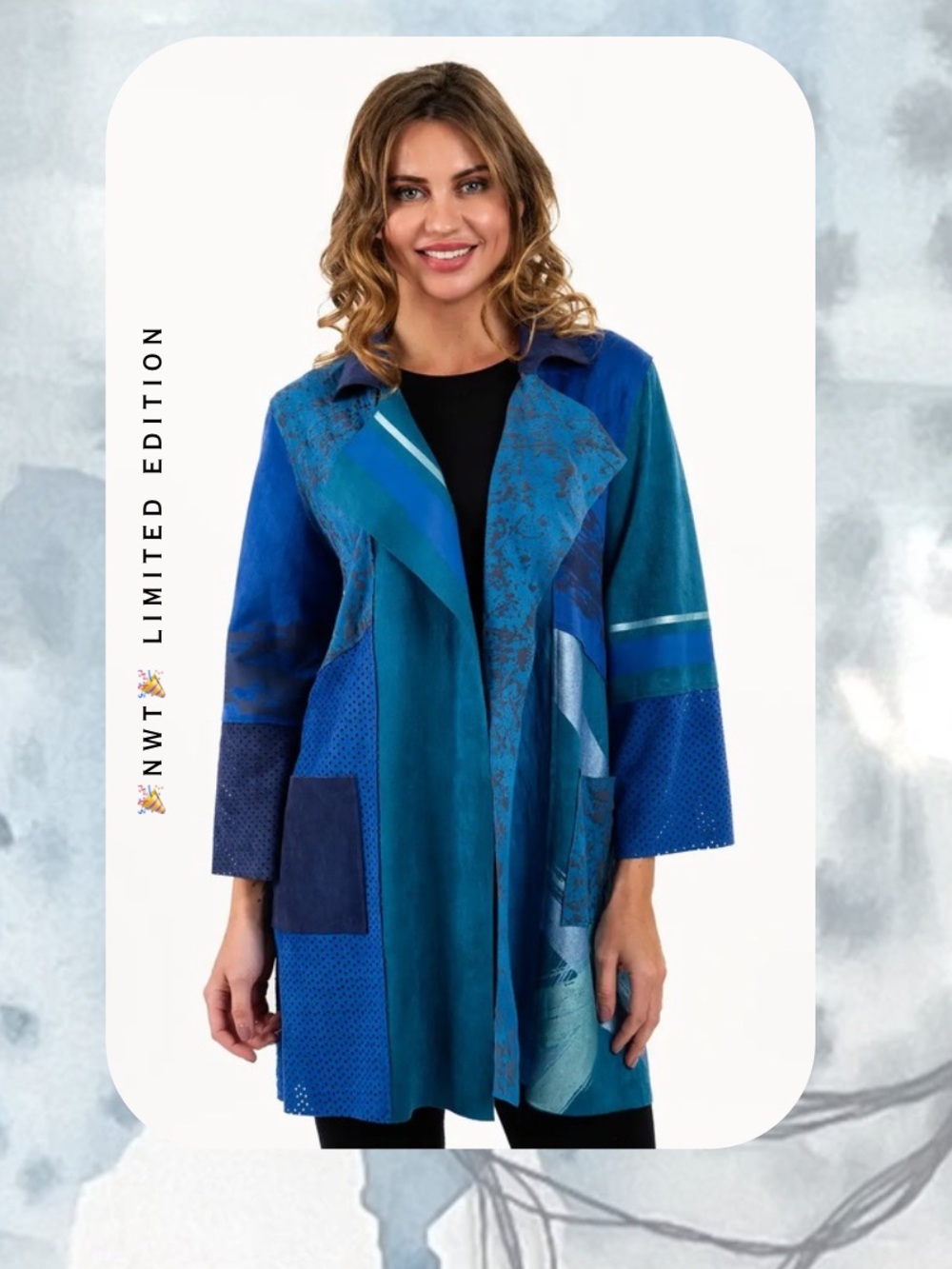 🎉🎉Lemon Grass Hand-painted Blue Mixed Media Patchwork Abstract Overcoat